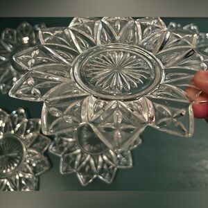 6 Vintage Federal Glass Co clear glass flower, star or snowflake shaped. 6.5”